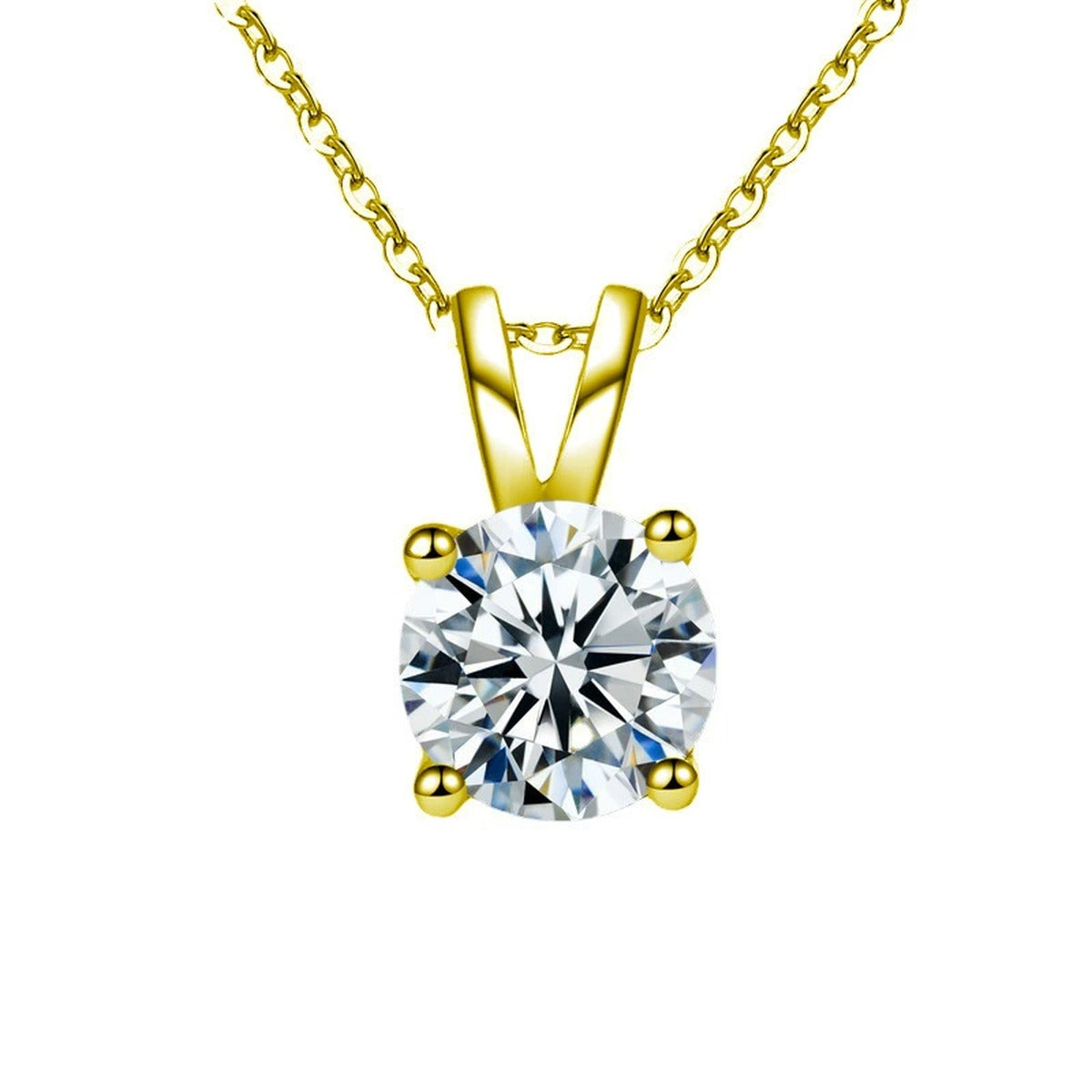 Four-Prong Round Moissanite Solitaire Necklace in Gold-Plated S925 sterling silver white background front product view showing a round solitaire in a clean four-prong setting