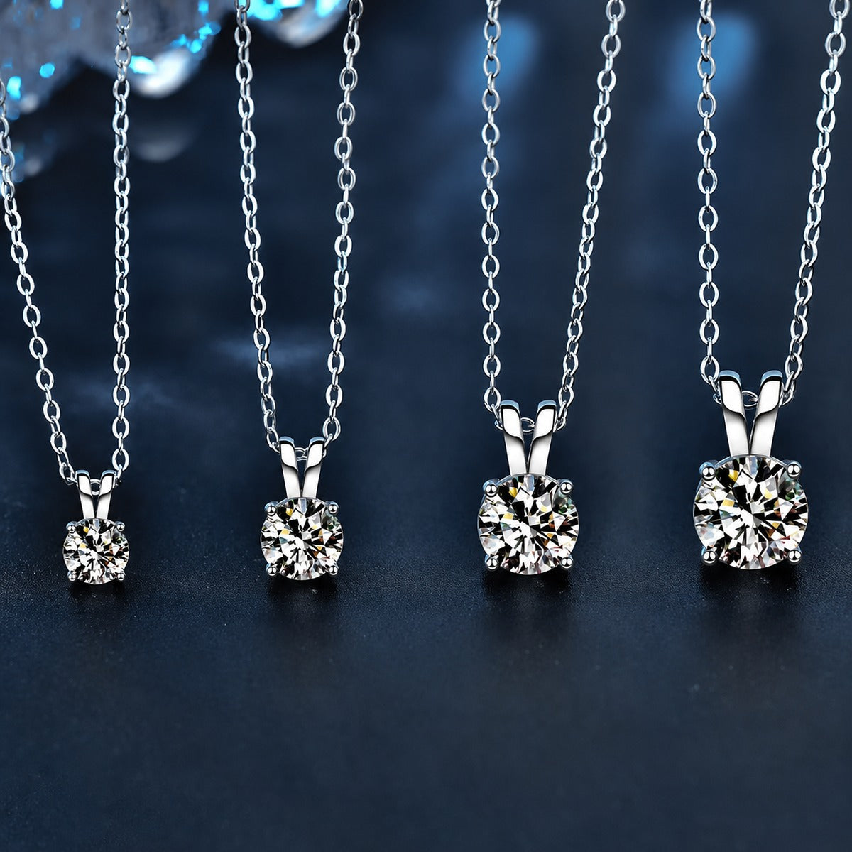 Four-Prong Round Moissanite Solitaire Necklace in Gold-Plated S925 sterling silver display scene showing chain and stone layout