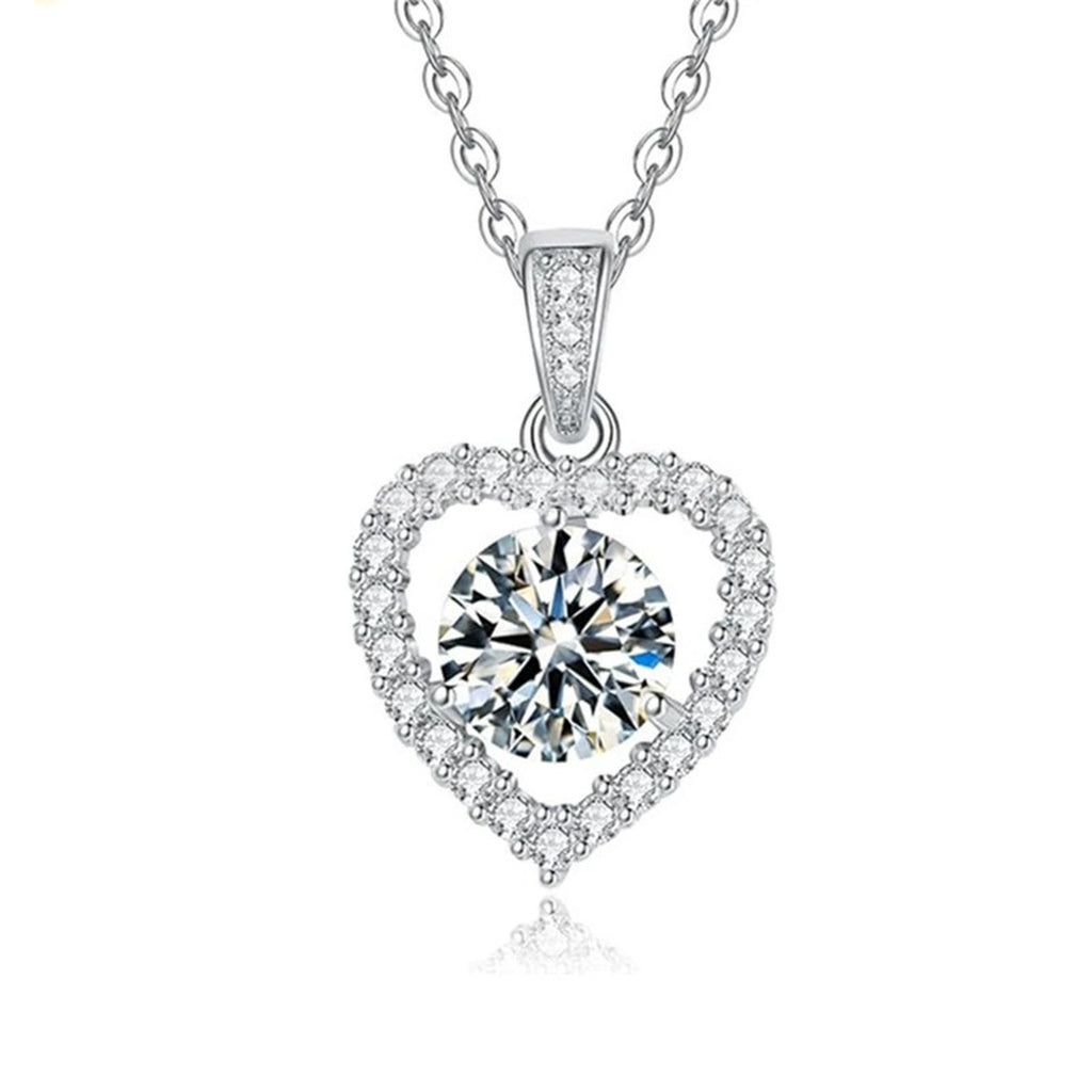 Heart Round Moissanite Necklace with CZ in White Gold-Plated S925 sterling silver white background product photo showing heart pendant with round moissanite center and CZ halo border