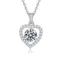 Heart Round Moissanite Necklace with CZ in White Gold-Plated S925 sterling silver white background product photo showing heart pendant with round moissanite center and CZ halo border