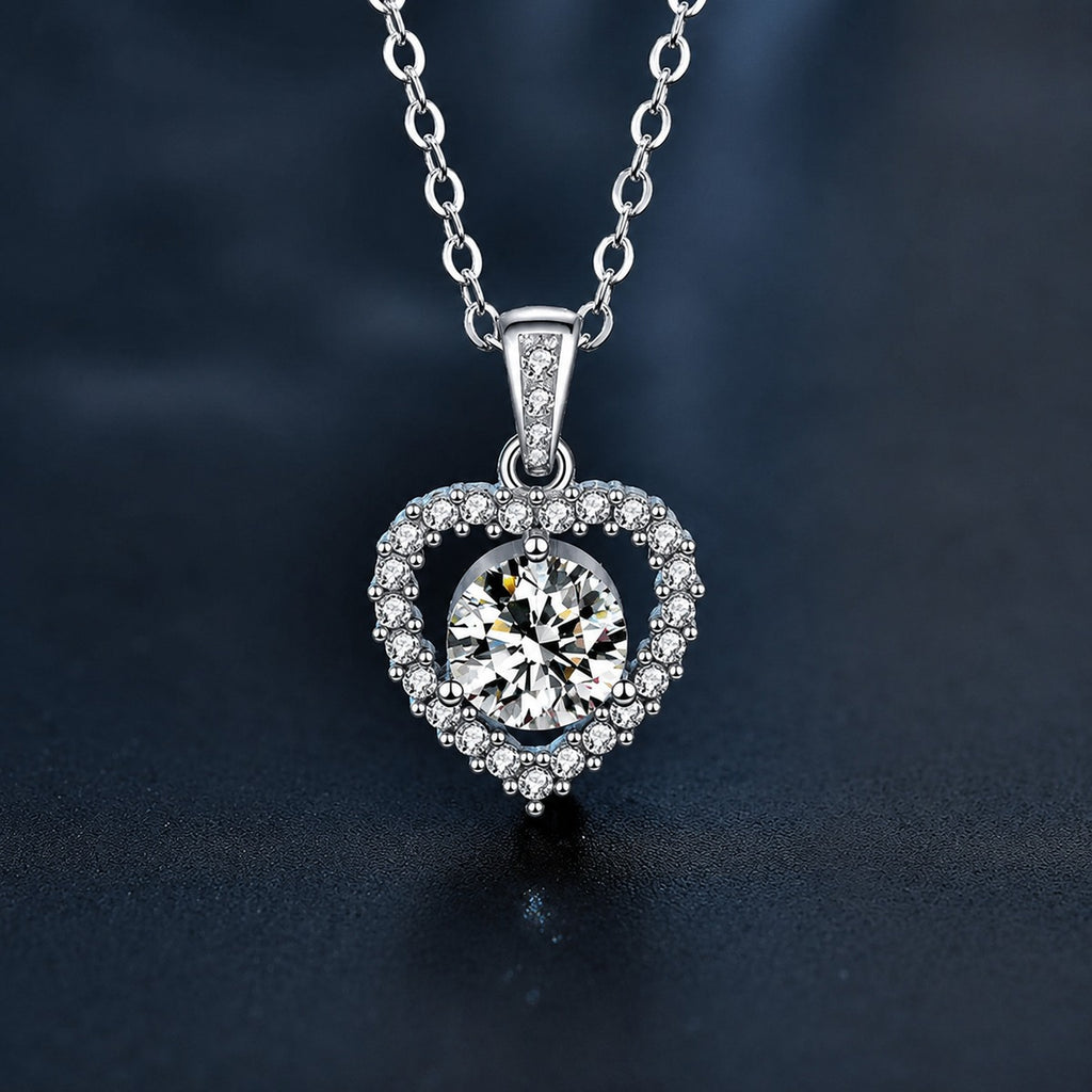 Heart Round Moissanite Necklace with CZ in White Gold-Plated S925 sterling silver close-up product scene showing pendant setting