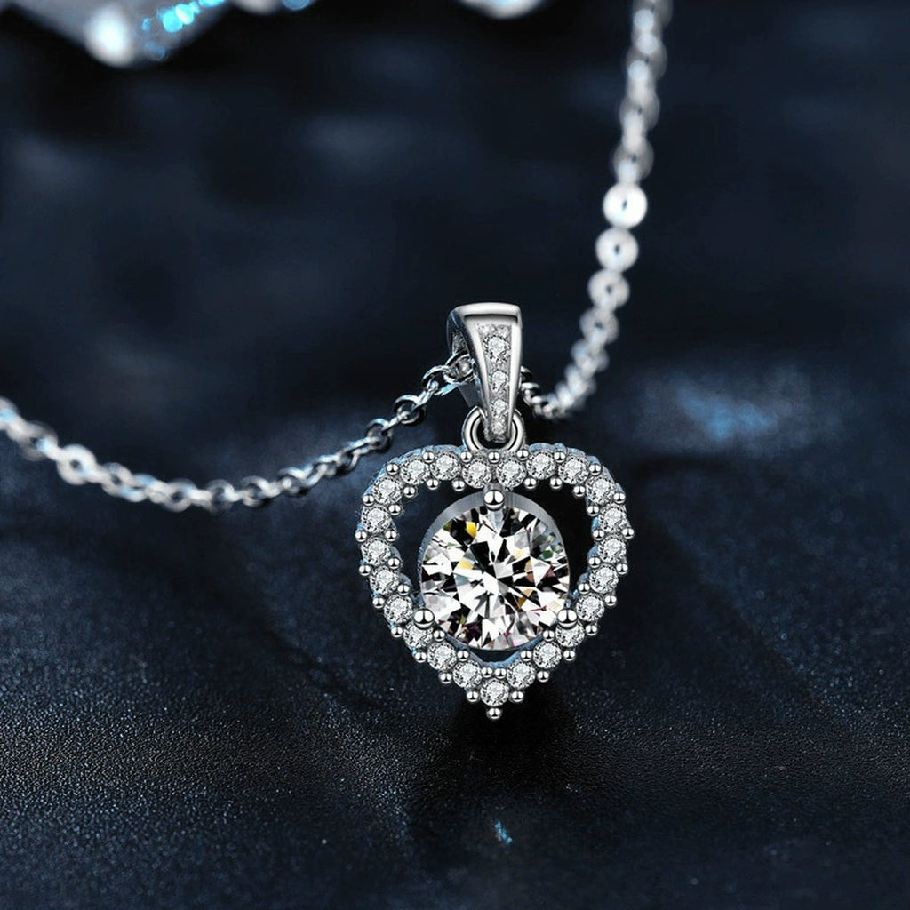 Heart Round Moissanite Necklace with CZ in White Gold-Plated S925 sterling silver blue display scene showing chain and stone layout