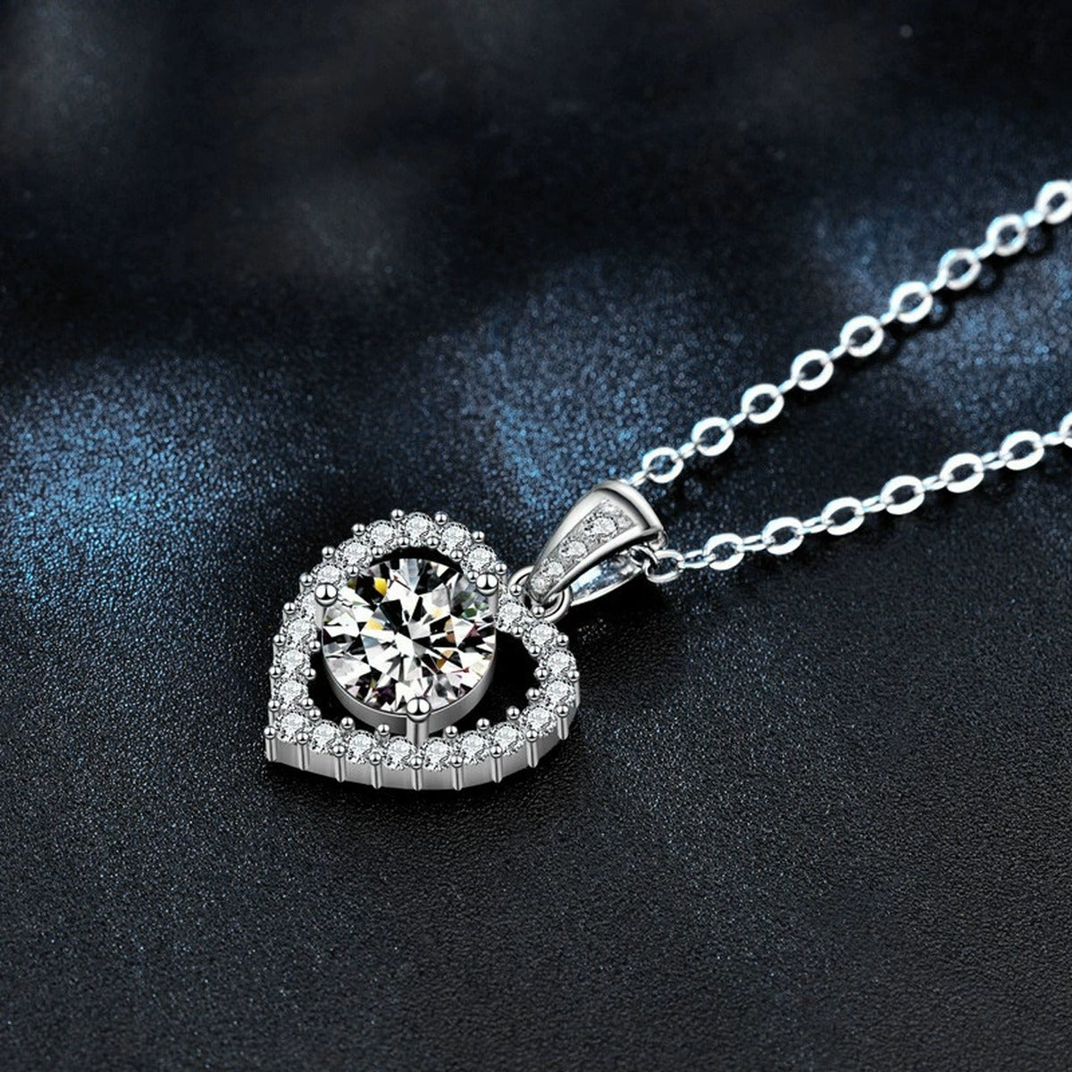 Heart Round Moissanite Necklace with CZ in White Gold-Plated S925 sterling silver angled product detail view