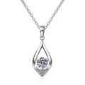 Teardrop Round Moissanite Necklace with CZ in White Gold-Plated S925 sterling silver white background product photo showing teardrop pendant with round moissanite center and CZ outline in two carat sizes