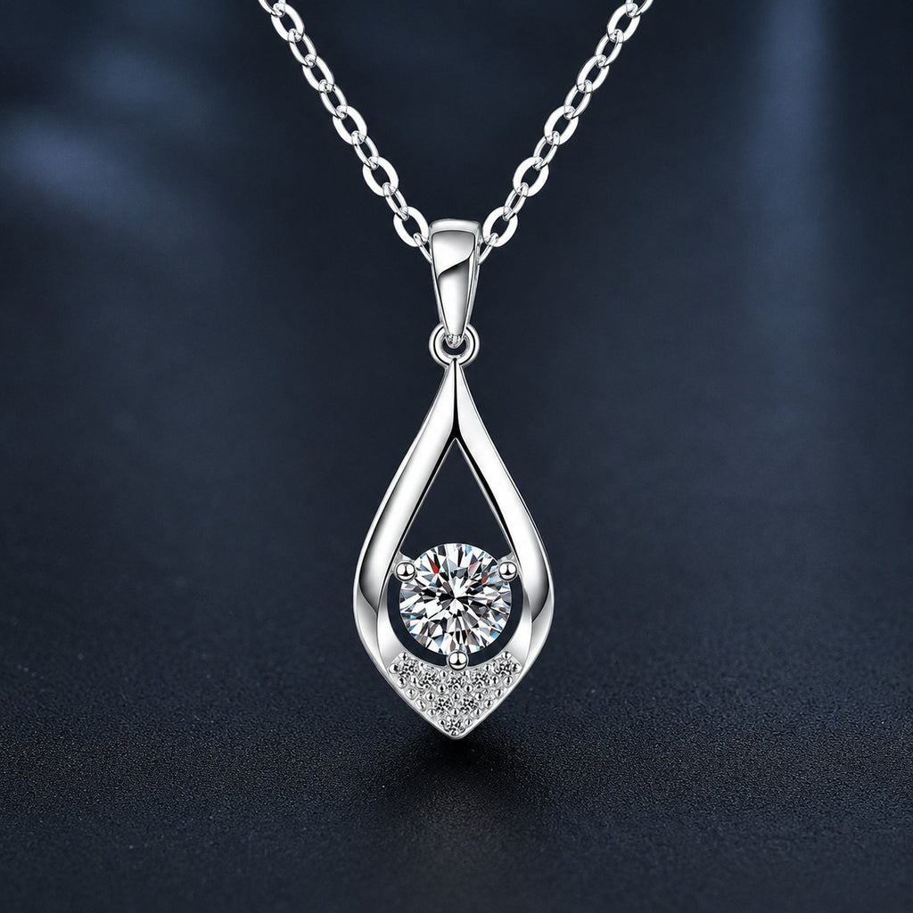 Teardrop Round Moissanite Necklace with CZ in White Gold-Plated S925 sterling silver close-up product scene showing pendant setting