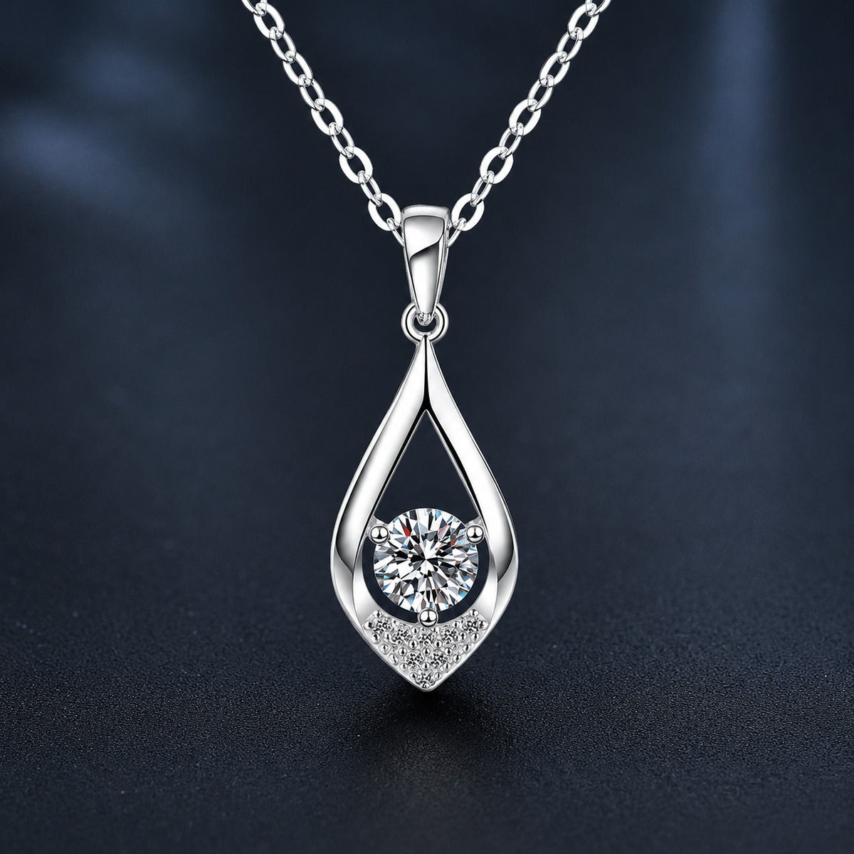 Teardrop Round Moissanite Necklace with CZ in White Gold-Plated S925 sterling silver close-up product scene showing pendant setting