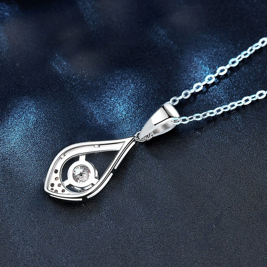 Teardrop Round Moissanite Necklace with CZ in White Gold-Plated S925 sterling silver blue display scene showing chain and stone layout