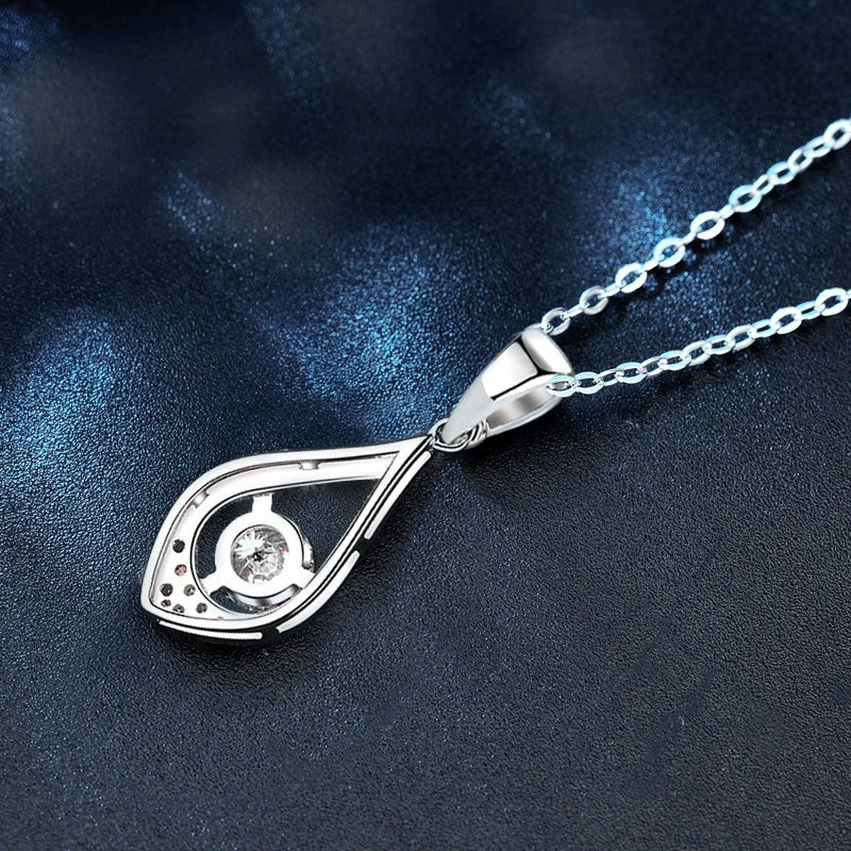 Teardrop Round Moissanite Necklace with CZ in White Gold-Plated S925 sterling silver blue display scene showing chain and stone layout