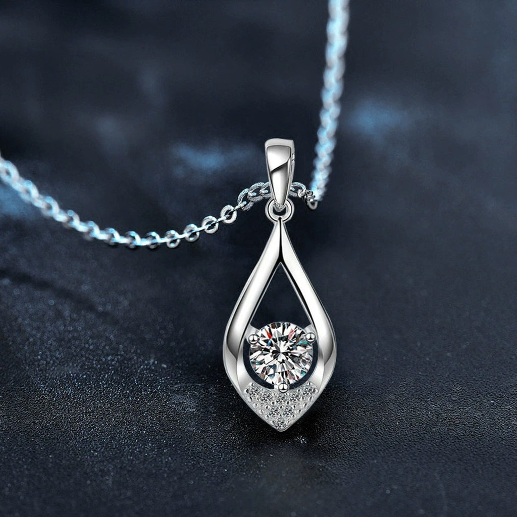 Teardrop Round Moissanite Necklace with CZ in White Gold-Plated S925 sterling silver angled product detail view