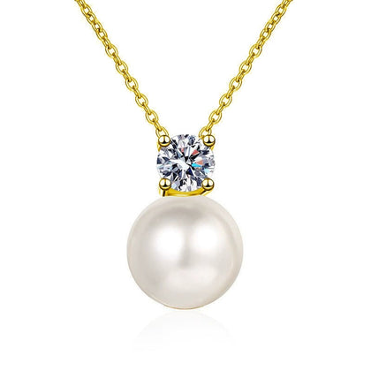 Pearl and Round Moissanite Drop Necklace in Gold-Plated S925 sterling silver white background front product view showing a near-round pearl suspended beneath a round moissanite