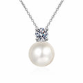 Pearl and Round Moissanite Drop Necklace in Gold-Plated S925 sterling silver alternate metal color white background product view showing a near-round pearl suspended beneath a round moissanite