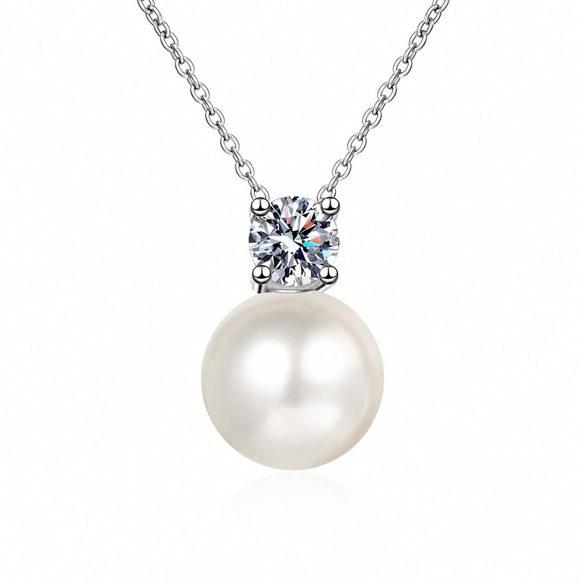 Pearl and Round Moissanite Drop Necklace in Gold-Plated S925 sterling silver alternate metal color white background product view showing a near-round pearl suspended beneath a round moissanite