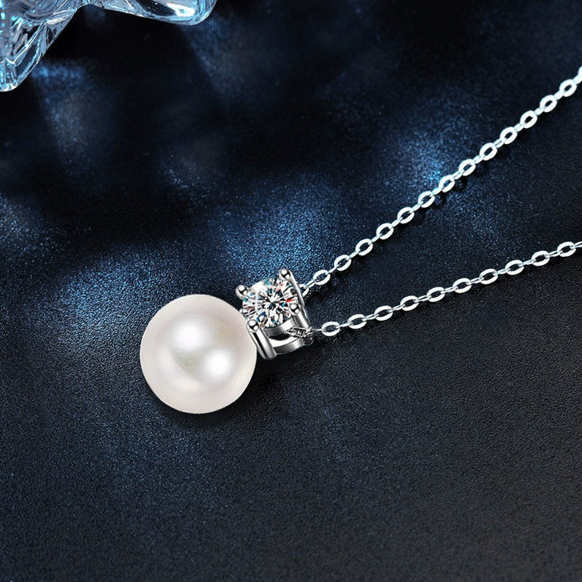 Pearl and Round Moissanite Drop Necklace in Gold-Plated S925 sterling silver display scene showing chain and stone layout