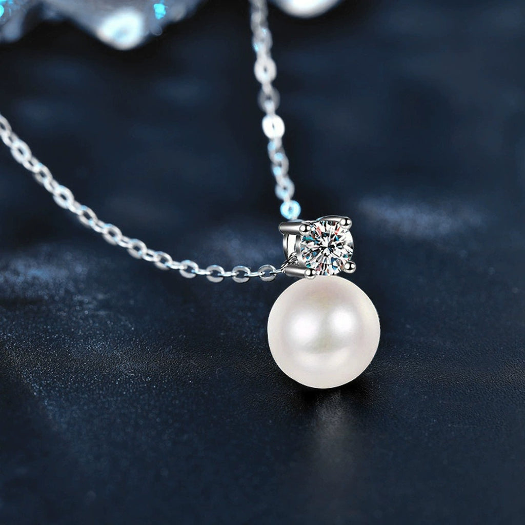 Pearl and Round Moissanite Drop Necklace in Gold-Plated S925 sterling silver angled product detail view