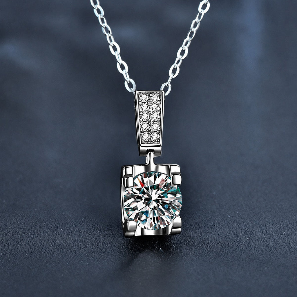 Solitaire Round Moissanite Necklace with CZ in White Gold-Plated S925 sterling silver close-up product scene showing pendant setting