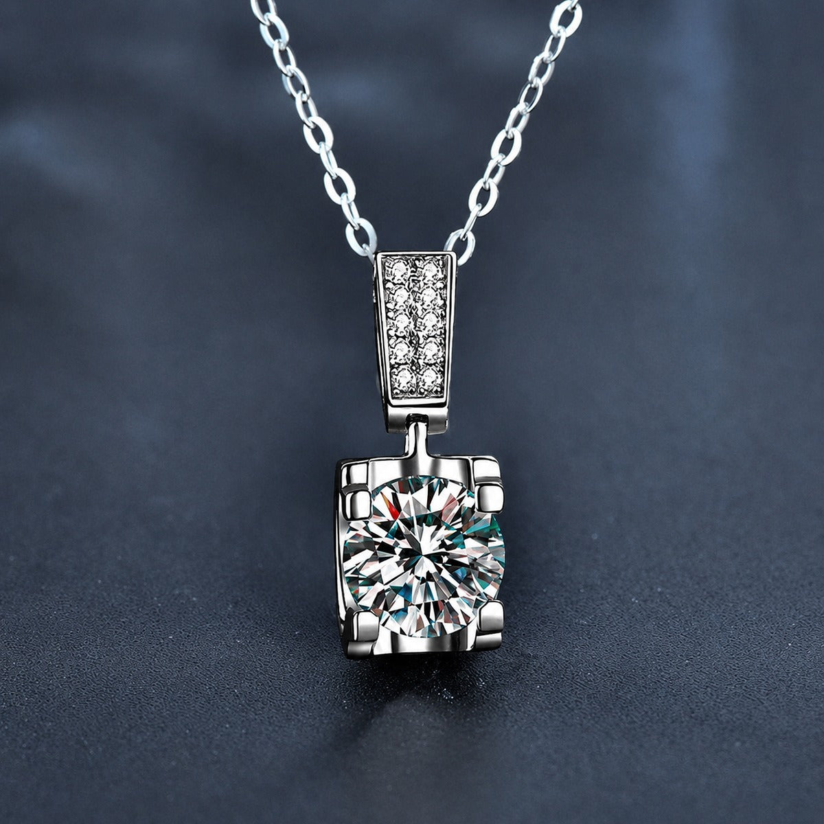 Solitaire Round Moissanite Necklace with CZ in White Gold-Plated S925 sterling silver close-up product scene showing pendant setting