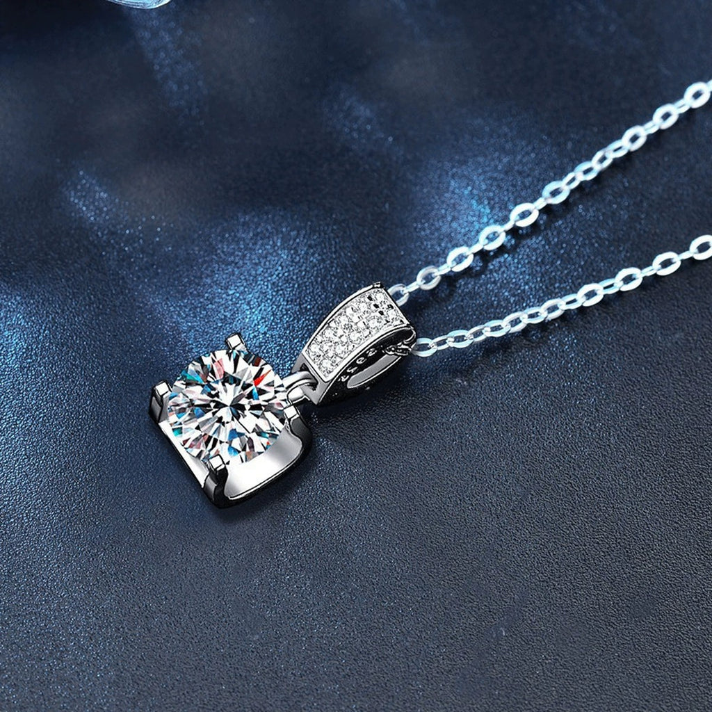 Solitaire Round Moissanite Necklace with CZ in White Gold-Plated S925 sterling silver blue display scene showing chain and stone layout