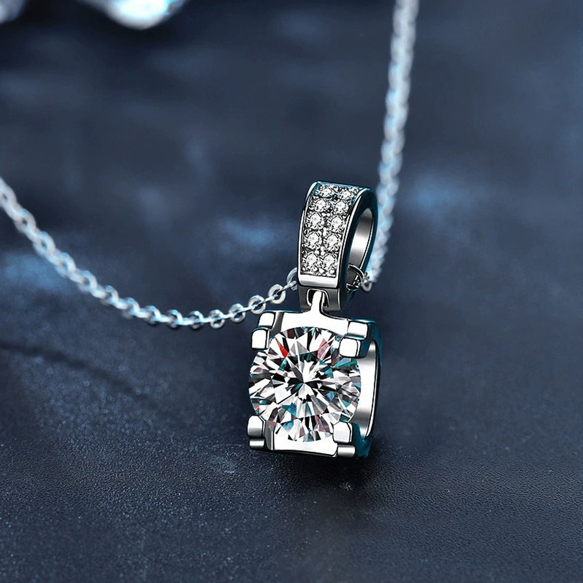 Solitaire Round Moissanite Necklace with CZ in White Gold-Plated S925 sterling silver angled product detail view