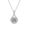 Teardrop Round Moissanite Necklace with CZ in White Gold-Plated S925 sterling silver white background product photo showing teardrop pendant with round moissanite center and CZ halo in two carat sizes