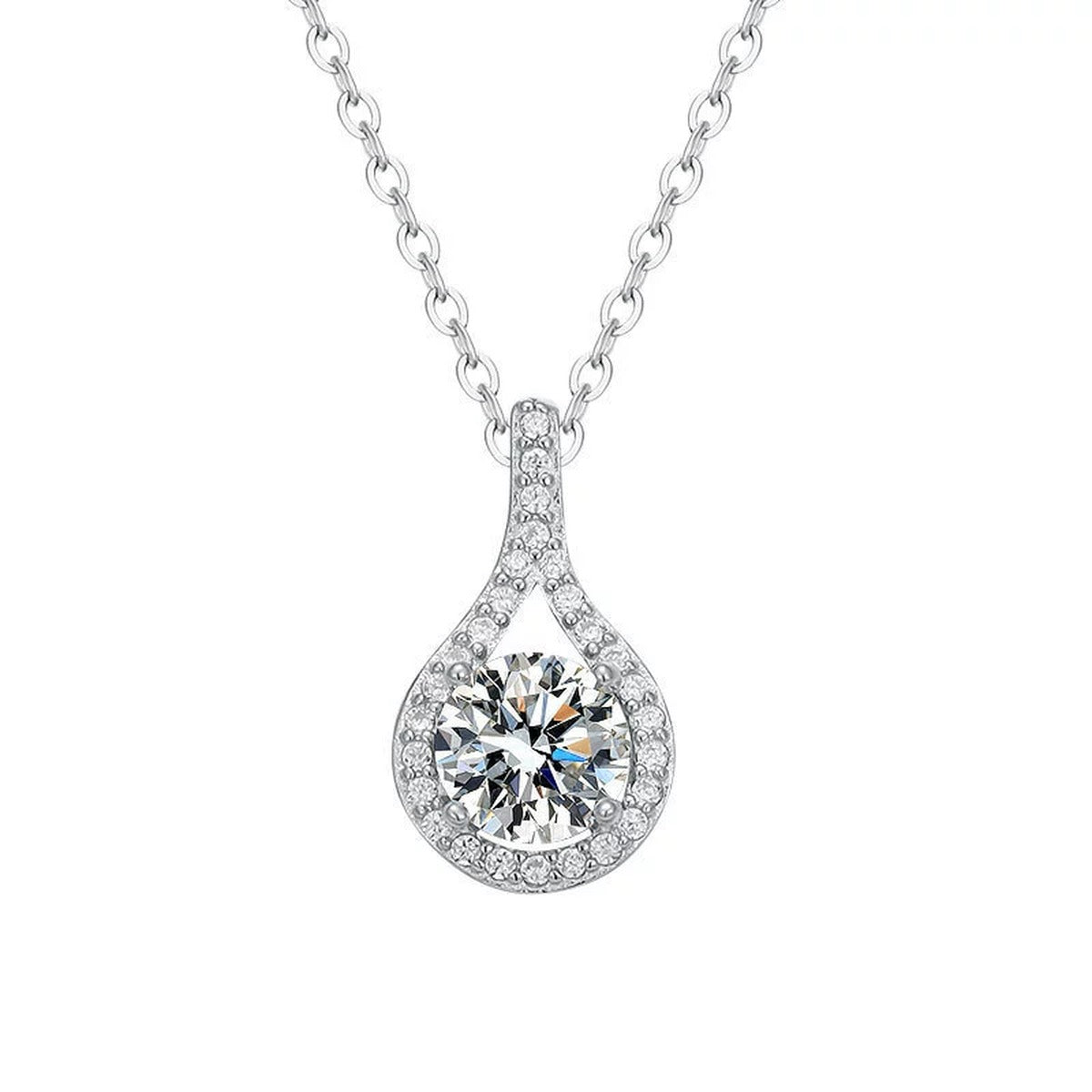 Teardrop Round Moissanite Necklace with CZ in White Gold-Plated S925 sterling silver white background product photo showing teardrop pendant with round moissanite center and CZ halo in two carat sizes