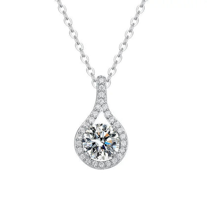 Teardrop Round Moissanite Necklace with CZ in White Gold-Plated S925 sterling silver white background product photo showing teardrop pendant with round moissanite center and CZ halo in two carat sizes