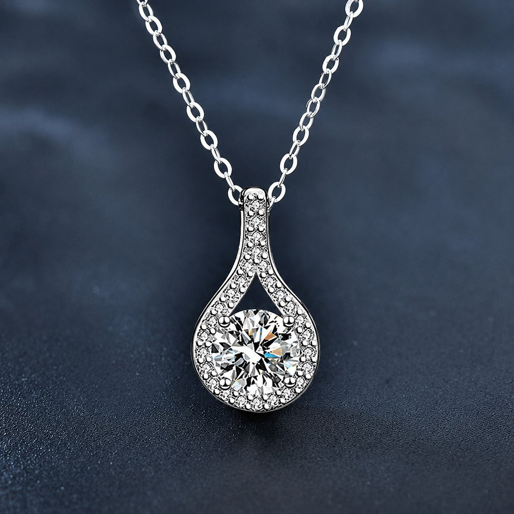 Teardrop Round Moissanite Necklace with CZ in White Gold-Plated S925 sterling silver close-up product scene showing pendant setting