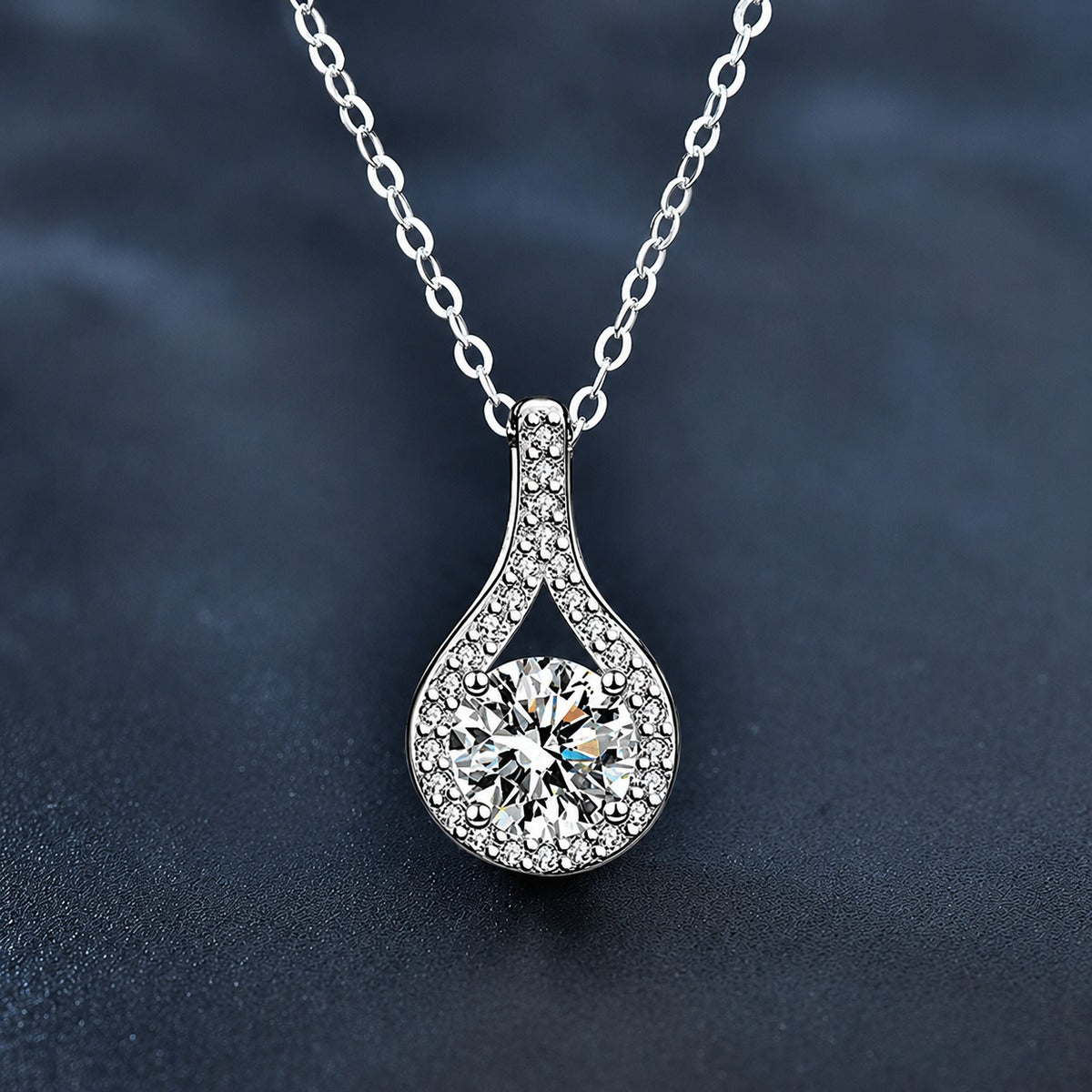 Teardrop Round Moissanite Necklace with CZ in White Gold-Plated S925 sterling silver close-up product scene showing pendant setting