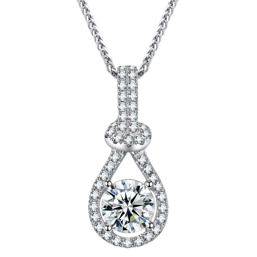 Pear Halo Round Moissanite Necklace with CZ in White Gold-Plated S925 sterling silver white background product photo showing pear-shaped halo pendant with a round moissanite center and CZ frame
