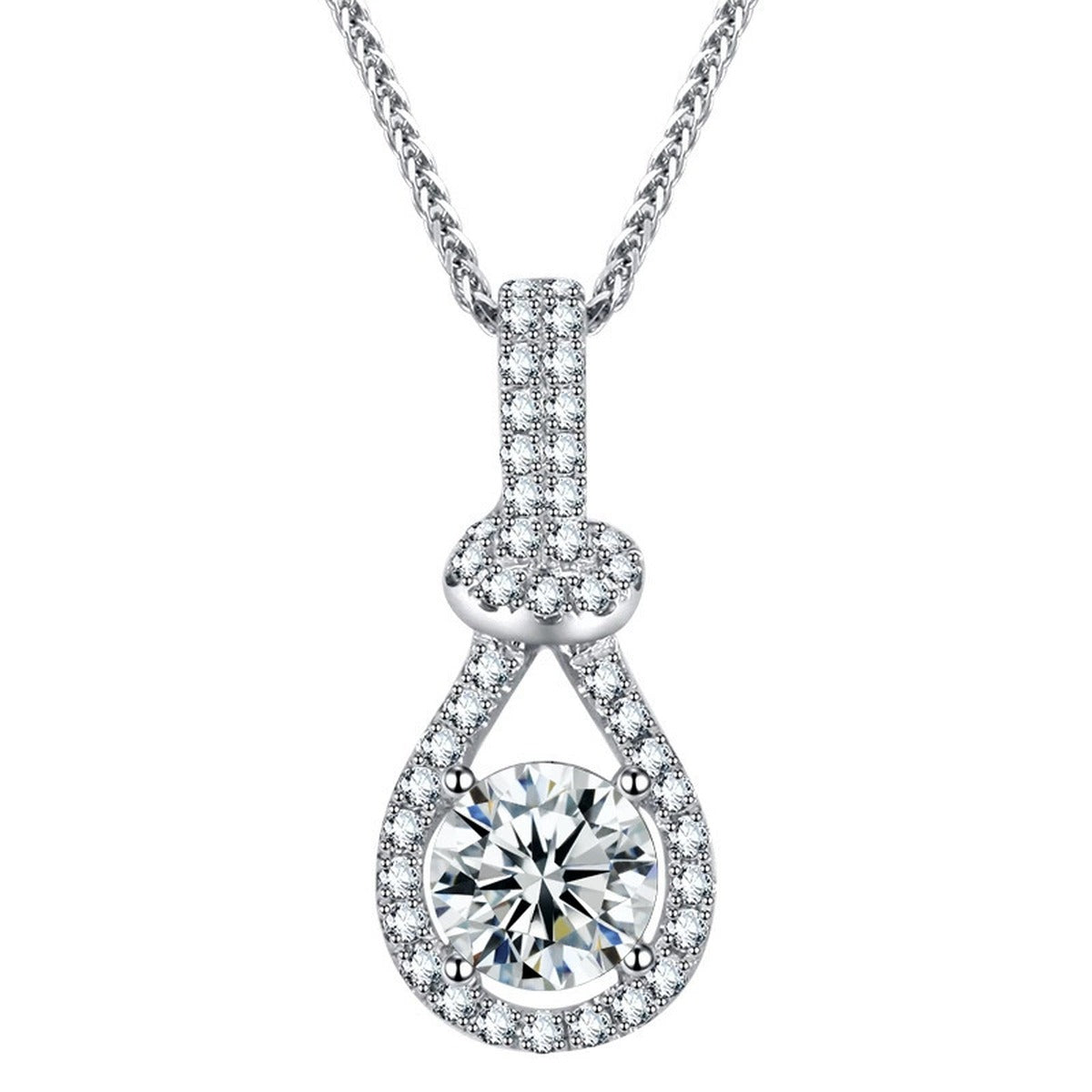 Pear Halo Round Moissanite Necklace with CZ in White Gold-Plated S925 sterling silver white background product photo showing pear-shaped halo pendant with a round moissanite center and CZ frame