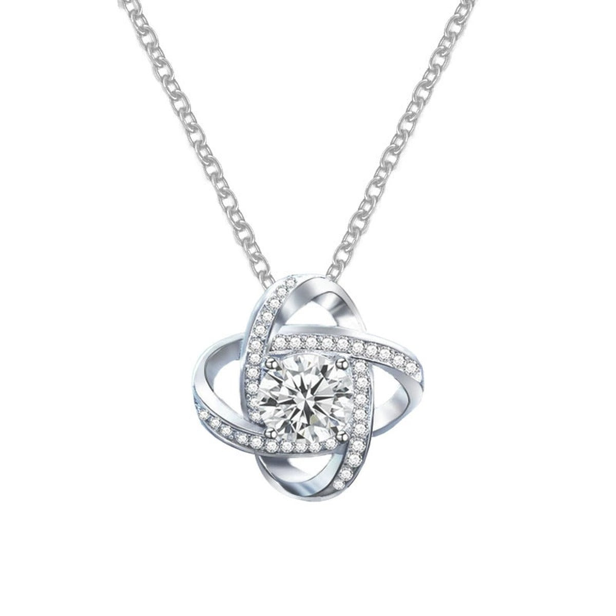 Four-Leaf Clover Round Moissanite Necklace with CZ in White Gold-Plated S925 sterling silver white background product photo showing four-leaf clover pendant with a round moissanite center and CZ accents