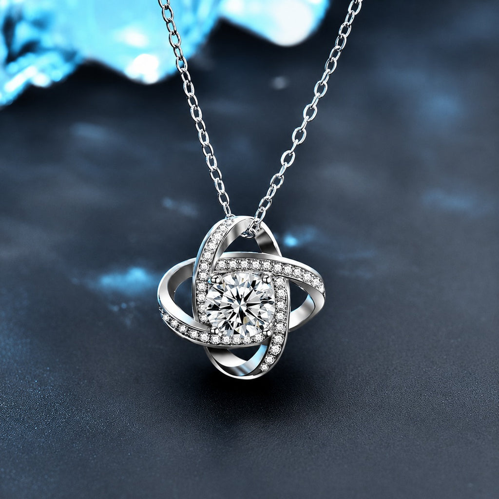 Four-Leaf Clover Round Moissanite Necklace with CZ in White Gold-Plated S925 sterling silver close-up product scene showing pendant setting