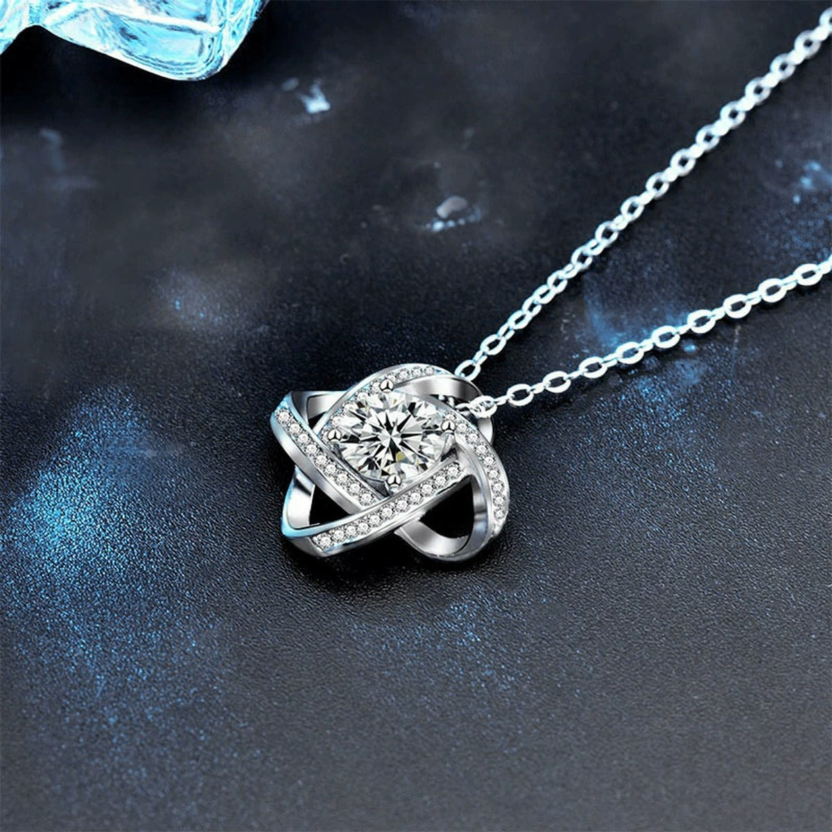 Four-Leaf Clover Round Moissanite Necklace with CZ in White Gold-Plated S925 sterling silver angled product detail view