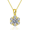 Snowflake Round Moissanite Necklace with CZ in Gold-Plated S925 sterling silver white background product photo showing snowflake pendant with round moissanite center in white gold or yellow gold plating