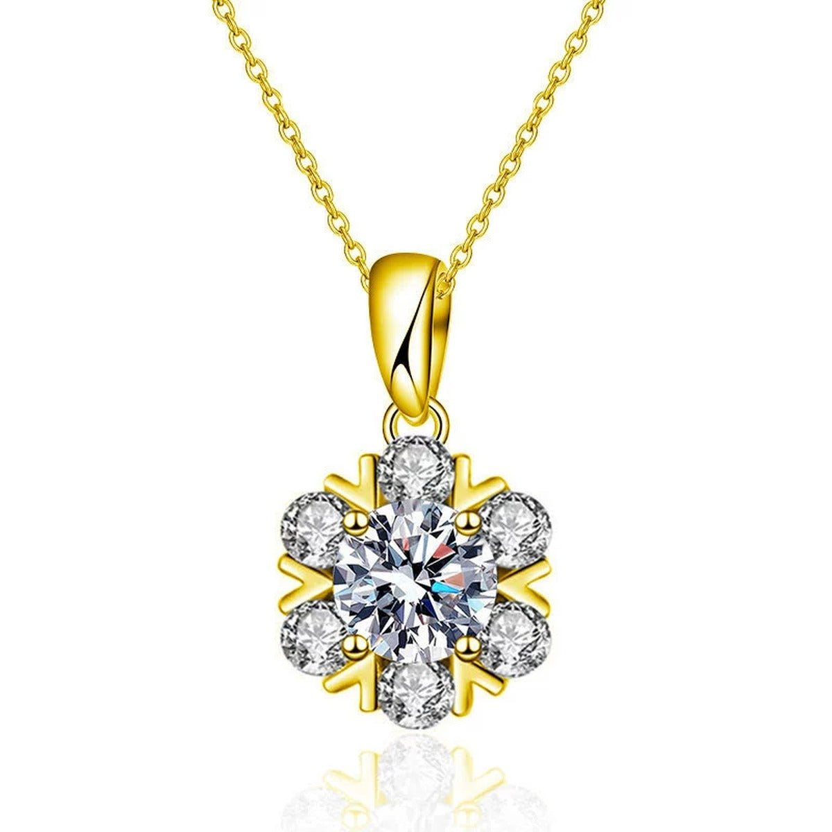 Snowflake Round Moissanite Necklace with CZ in Gold-Plated S925 sterling silver white background product photo showing snowflake pendant with round moissanite center in white gold or yellow gold plating