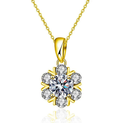 Snowflake Round Moissanite Necklace with CZ in Gold-Plated S925 sterling silver white background product photo showing snowflake pendant with round moissanite center in white gold or yellow gold plating