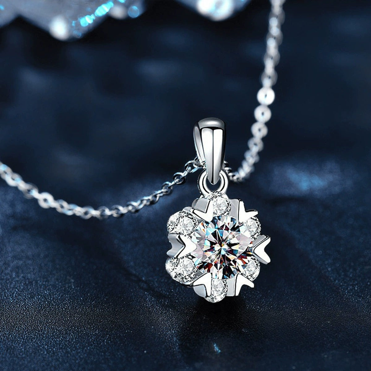 Snowflake Round Moissanite Necklace with CZ in Gold-Plated S925 sterling silver close-up product scene showing pendant setting