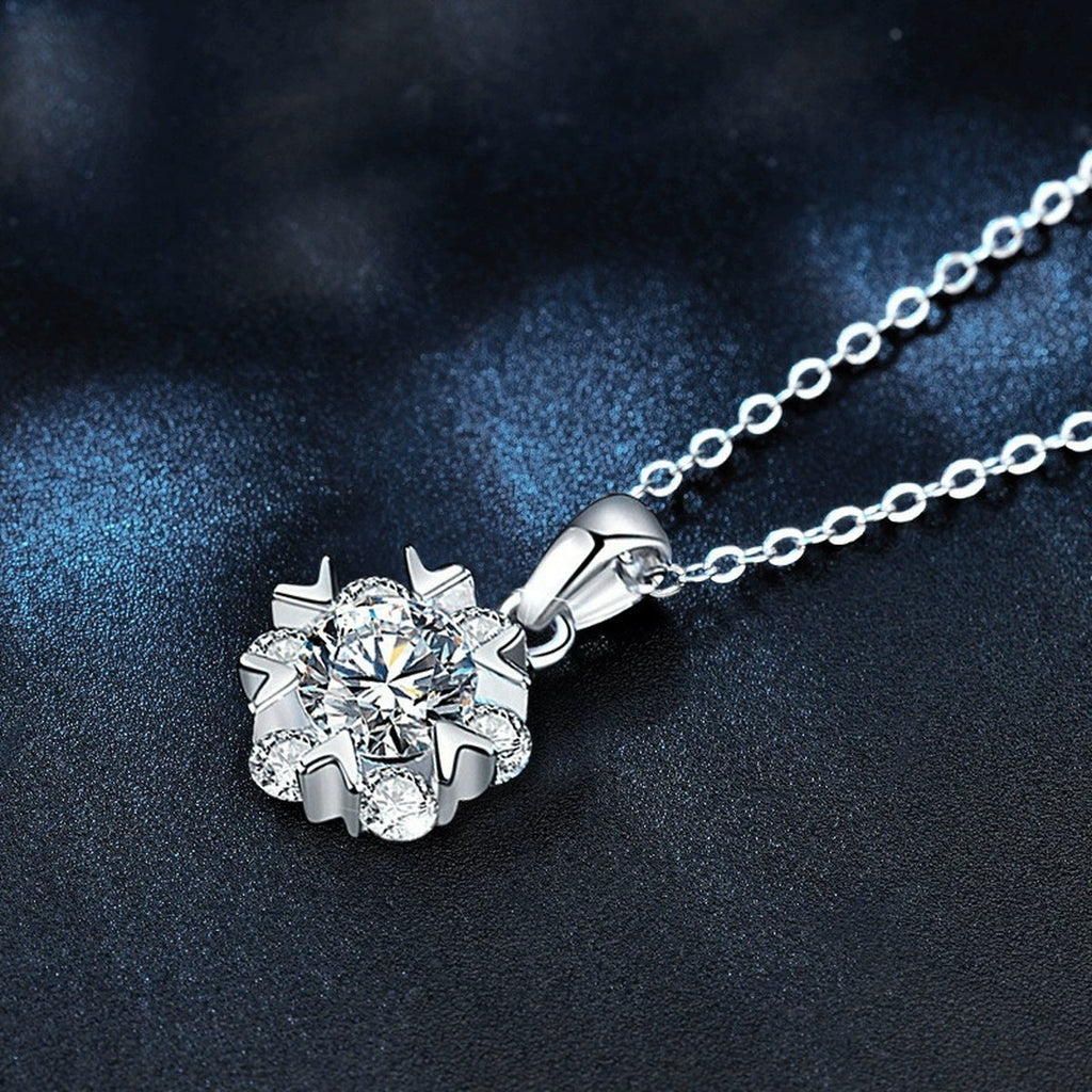 Snowflake Round Moissanite Necklace with CZ in Gold-Plated S925 sterling silver blue display scene showing chain and stone layout
