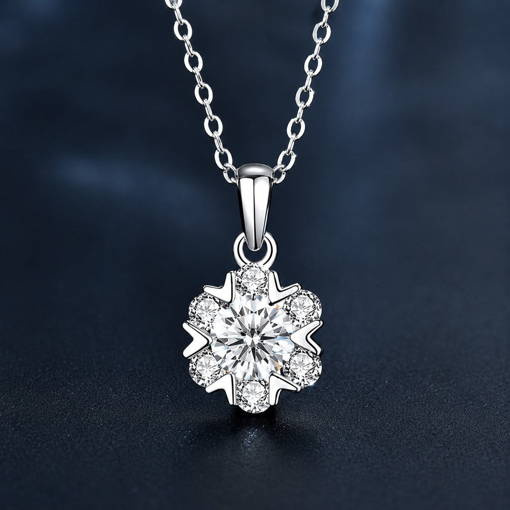 Snowflake Round Moissanite Necklace with CZ in Gold-Plated S925 sterling silver angled product detail view