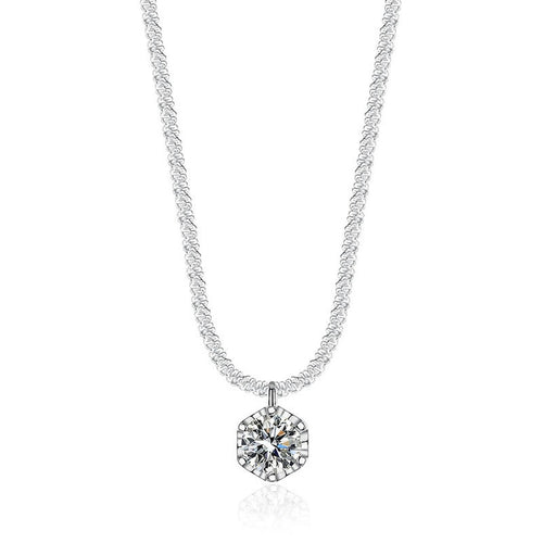 Crown Solitaire Colored Moissanite Necklace in White Gold-Plated S925 sterling silver white background product photo showing crown solitaire pendant with white, champagne yellow, or green round moissanite options