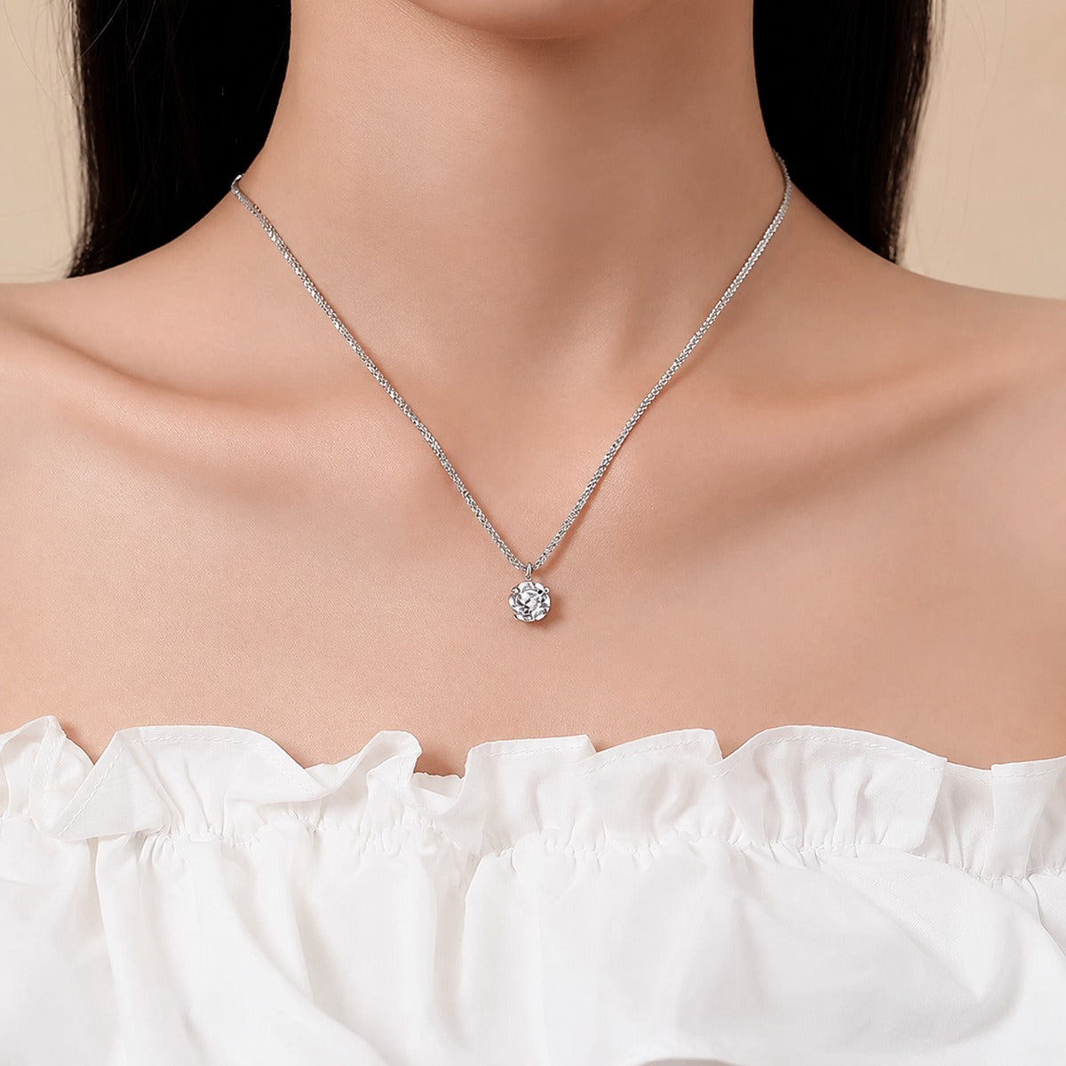 Crown Solitaire Colored Moissanite Necklace in White Gold-Plated S925 sterling silver neckline model view showing pendant scale and chain length