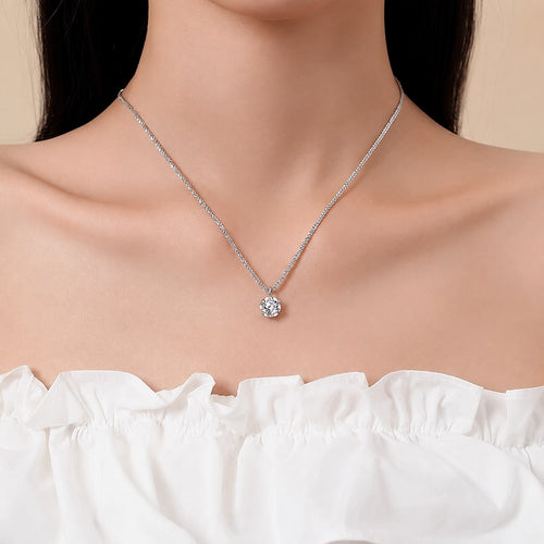 Crown Solitaire Colored Moissanite Necklace in White Gold-Plated S925 sterling silver neckline model view showing pendant scale and chain length