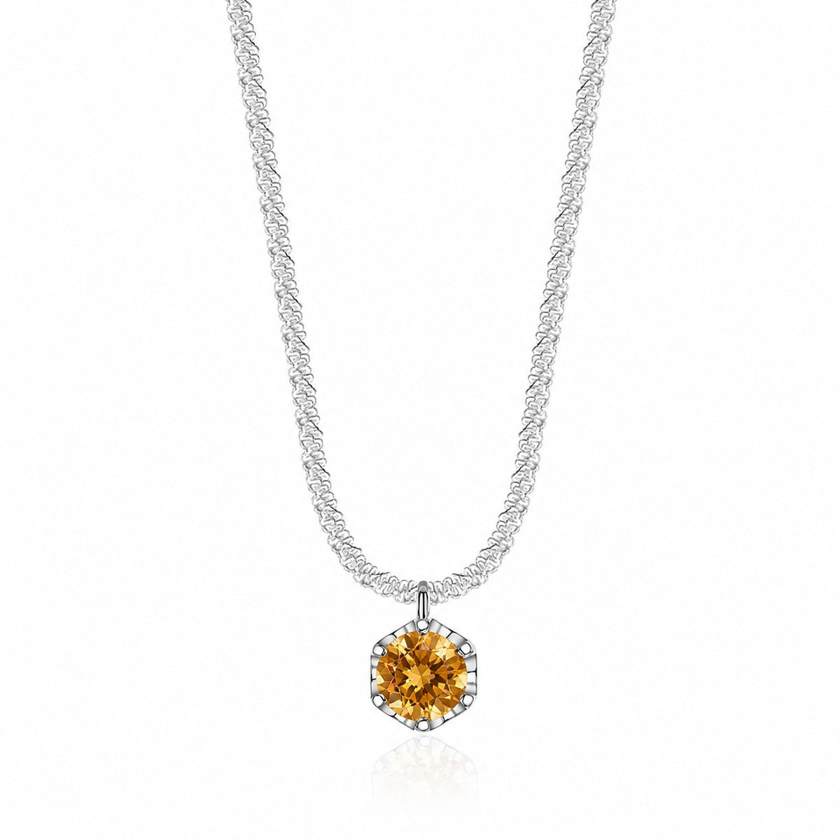 Crown Solitaire Colored Moissanite Necklace in White Gold-Plated S925 sterling silver white background product photo showing crown solitaire pendant with white, champagne yellow, or green round moissanite options