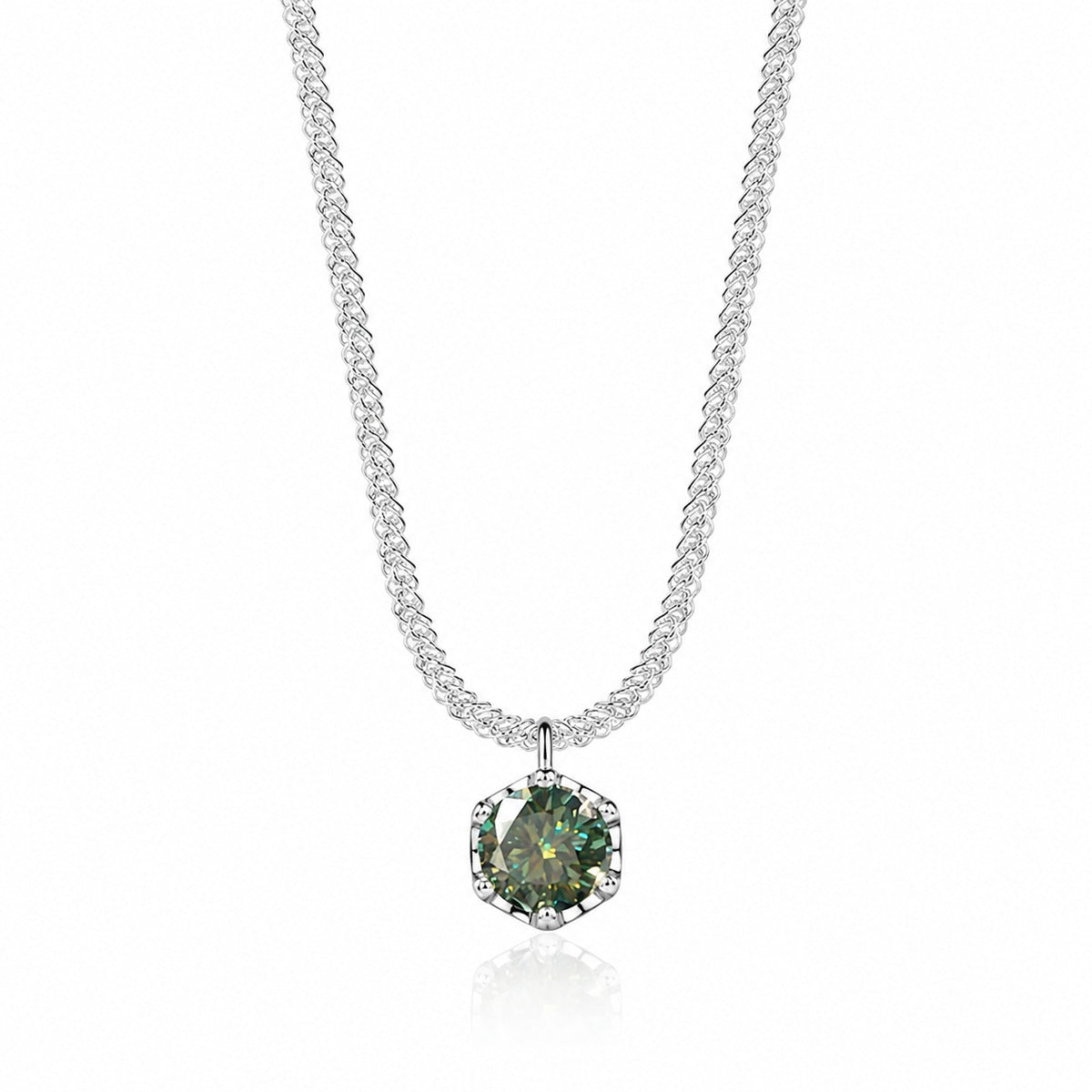 Crown Solitaire Colored Moissanite Necklace in White Gold-Plated S925 sterling silver white background product photo showing crown solitaire pendant with white, champagne yellow, or green round moissanite options