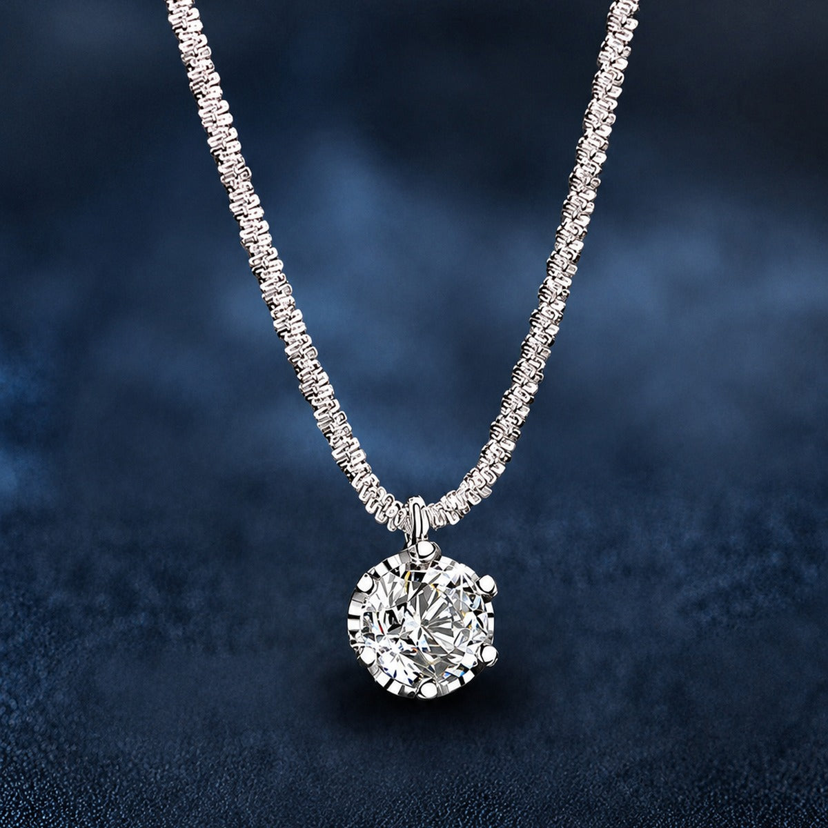 Crown Solitaire Colored Moissanite Necklace in White Gold-Plated S925 sterling silver close-up product scene showing pendant setting