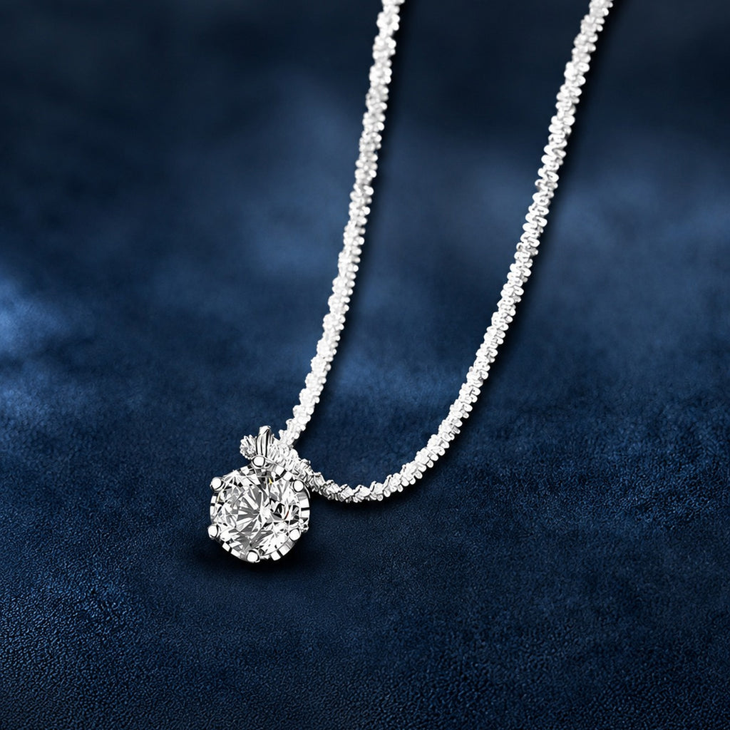 Crown Solitaire Colored Moissanite Necklace in White Gold-Plated S925 sterling silver blue display scene showing chain and stone layout