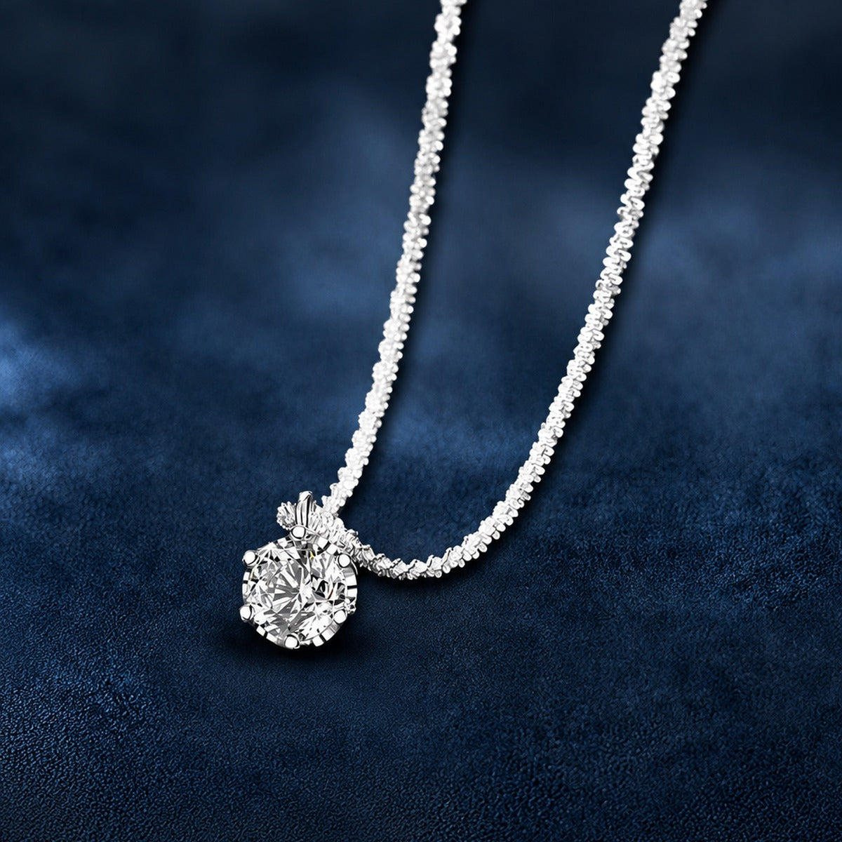 Crown Solitaire Colored Moissanite Necklace in White Gold-Plated S925 sterling silver blue display scene showing chain and stone layout