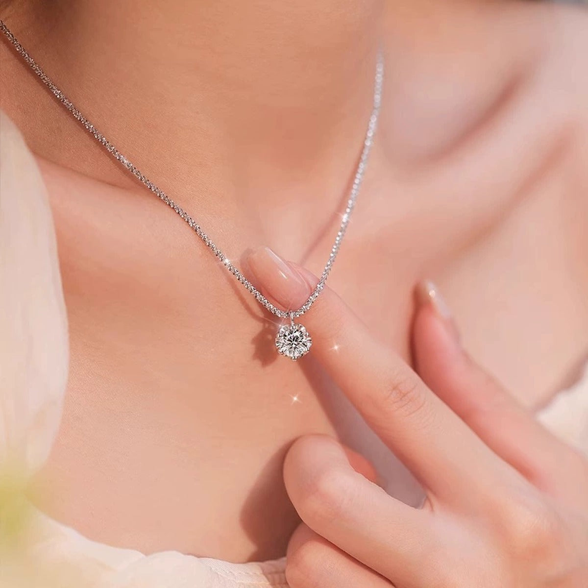 Crown Solitaire Colored Moissanite Necklace in White Gold-Plated S925 sterling silver neckline model view showing pendant scale and chain length