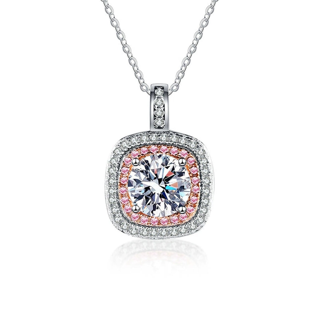 Pink Halo Round Moissanite Necklace with CZ in White Gold-Plated S925 sterling silver white background front product view showing a cushion-shaped pink CZ halo around a round moissanite
