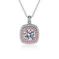 Pink Halo Round Moissanite Necklace with CZ in White Gold-Plated S925 sterling silver white background front product view showing a cushion-shaped pink CZ halo around a round moissanite