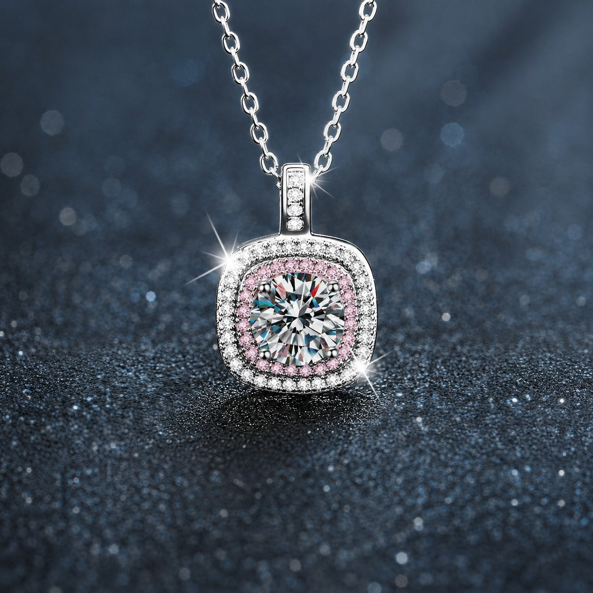 Pink Halo Round Moissanite Necklace with CZ in White Gold-Plated S925 sterling silver close-up styled product scene showing pendant setting